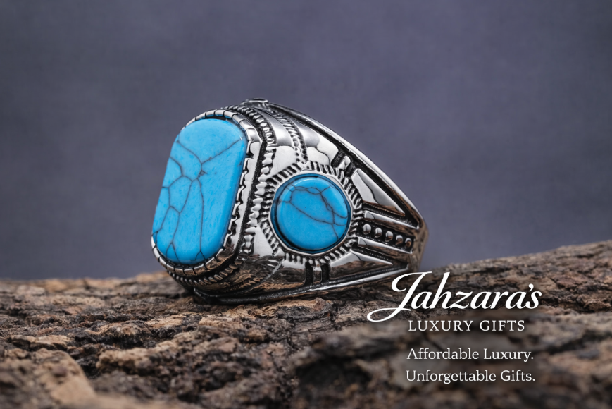 Men's Triple Turquoise Stone Ring — Stainless Steel | Vintage Gemstone Signet | Sizes 7–15