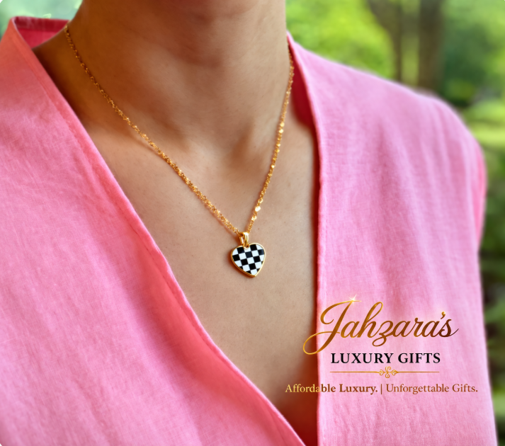 Checkered Heart Necklace β 18K Gold Plated | Black & Turquoise | Stainless Steel