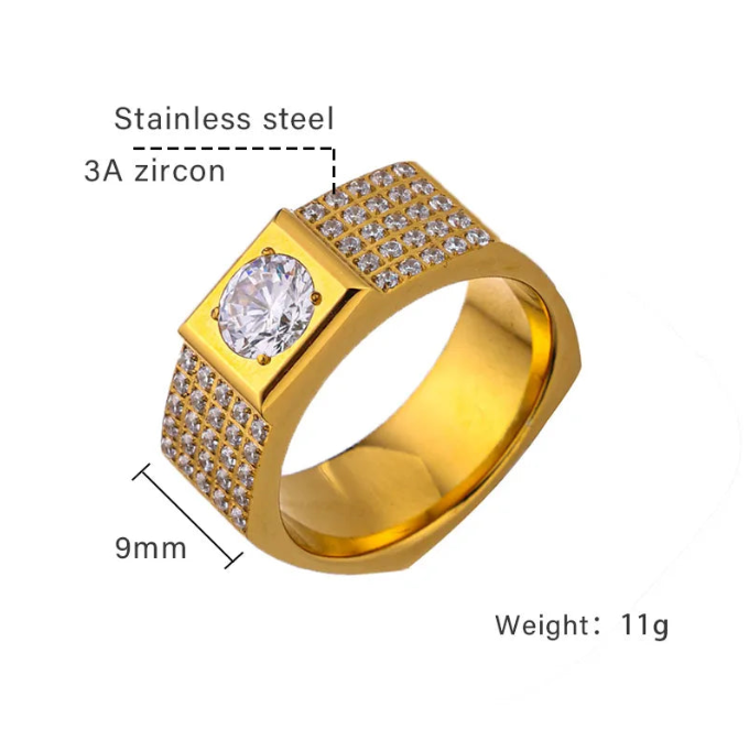Men's Iced Out Zircon Signet Ring — Titanium Steel | Gold & Silver | Solitaire + Pavé | Sizes 8–10
