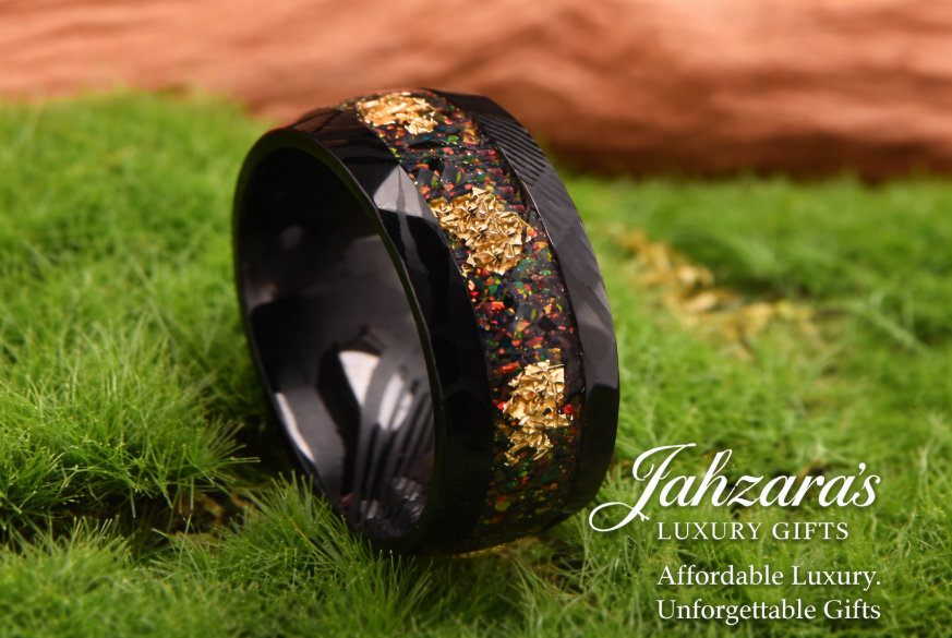 Men's Damascus Steel Black Tungsten Ring — Gold Foil & Opal Inlay | Unisex