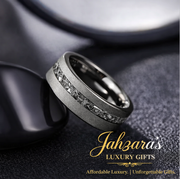 Sandblasted Tungsten Ring with Crushed Aluminum Ash Inlay β 8mm | Black & Silver