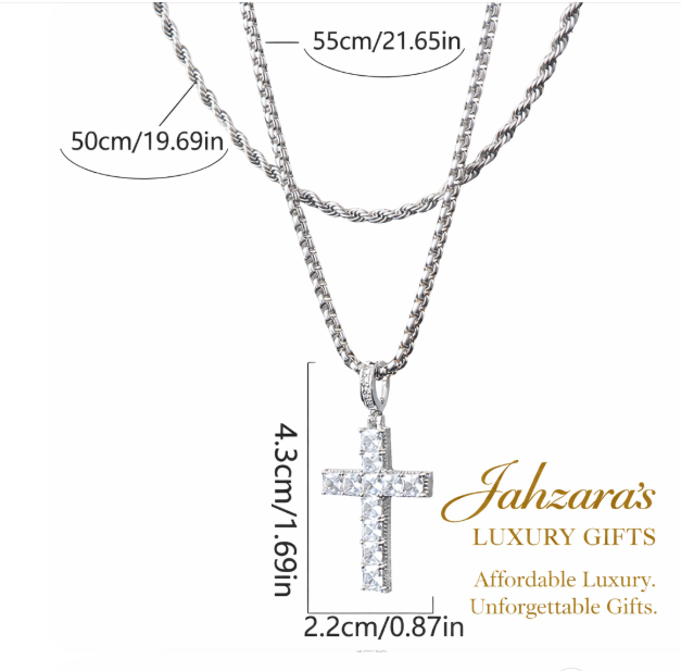 Iced Out Cross Double Layer Cuban Chain Necklace Set | Stainless Steel Men's Faith Jewelry