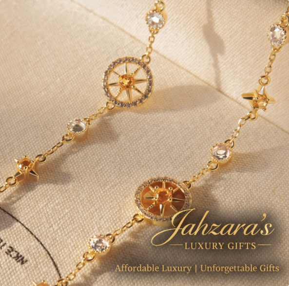 925 Sterling Silver Star Compass Bracelet - Gold Finish with Champagne Crystals