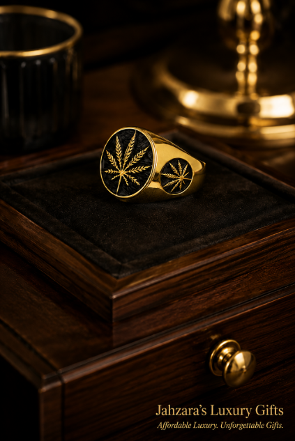 Men's Gold Botanical Leaf Signet Ring | Titanium Steel | Luxury | Jahzara's Luxury Gifts