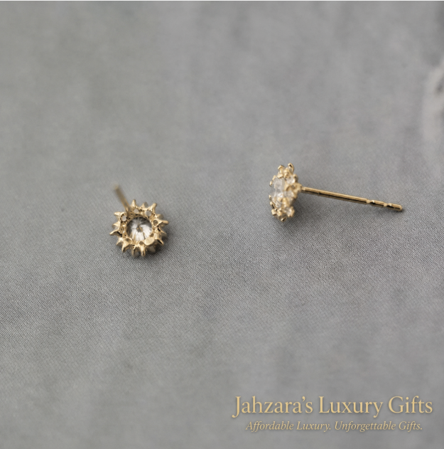 9K & 14K Gold Sunburst Zircon Stud Earrings | Retro Halo Cluster