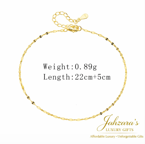 14K Gold Tile Chain Anklet | S925 Sterling Silver | Adjustable Luxury Anklet