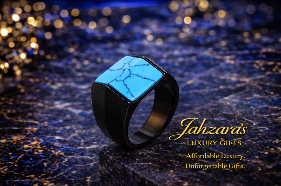 Men's Square Turquoise Signet Ring — Titanium Steel | Gold & Black | Sizes 7–12