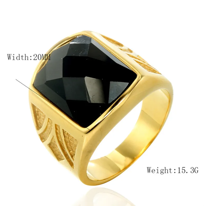 Men's Gold Black Stone Signet Ring — Stainless Steel | 20mm Bold Signet | Sizes 7–12