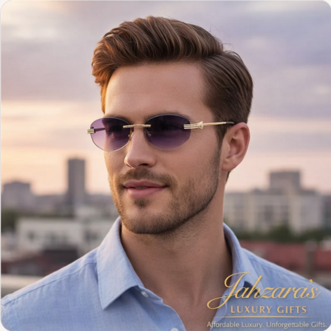 Gold Lion Rimless Oval Sunglasses | Frameless Luxury Eyewear | Men's Designer Style | UV Protection
