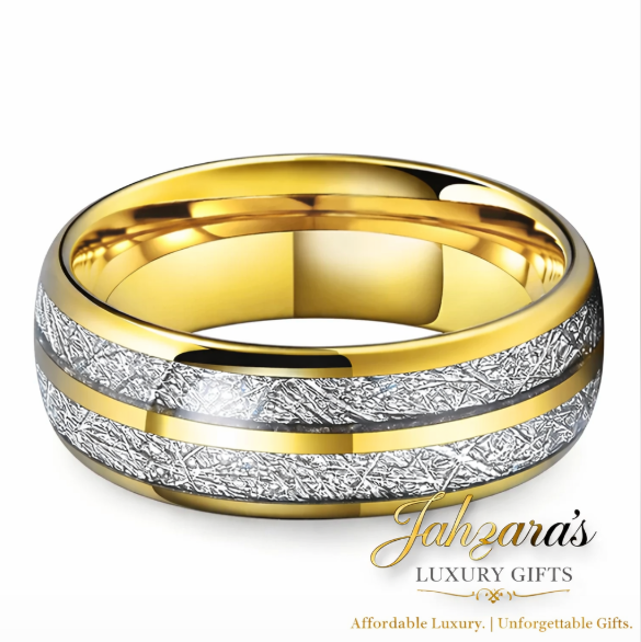 Gold Tungsten Carbide Ring with Meteorite Silver Inlay β 8mm | Unisex