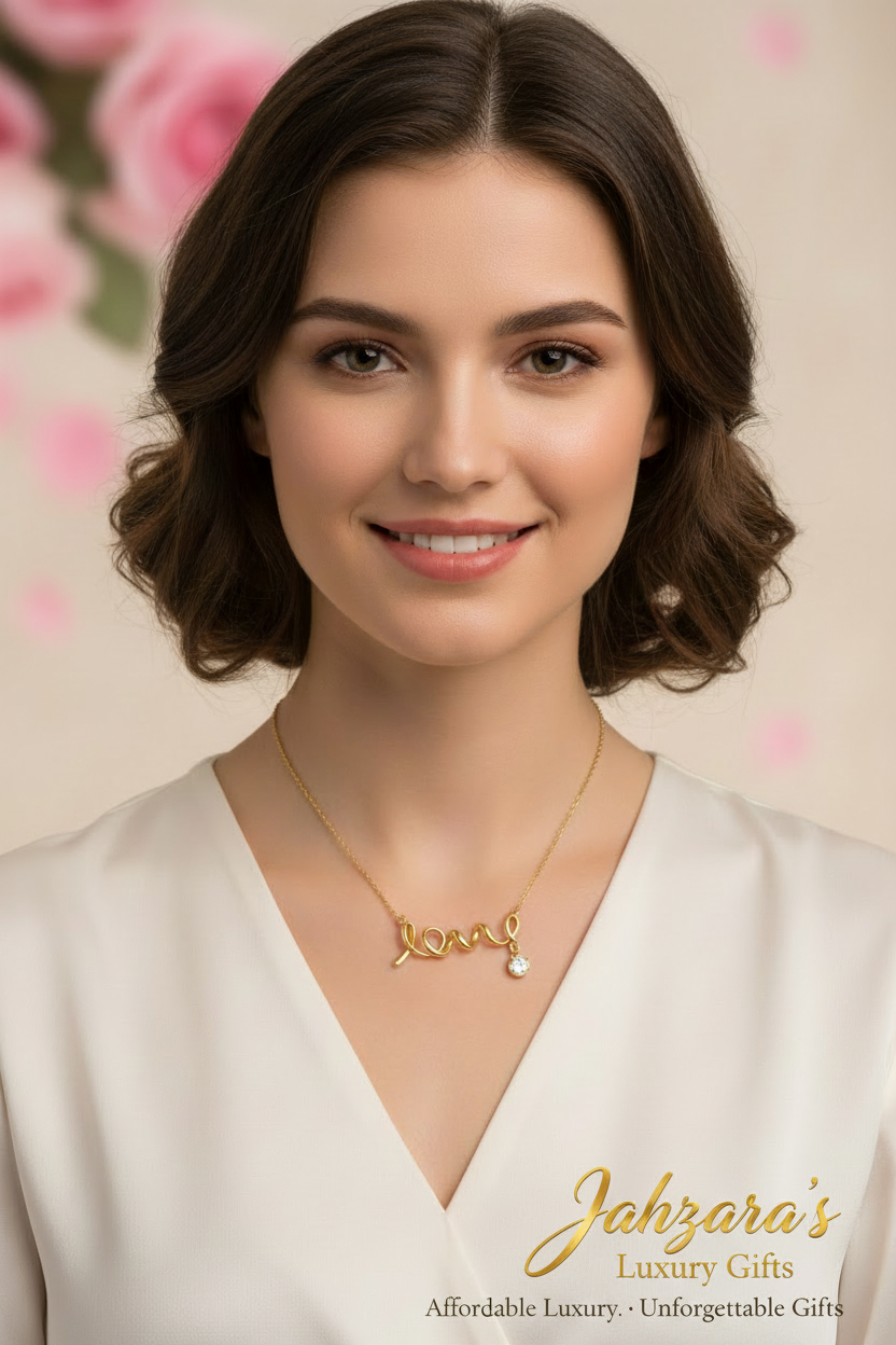 Woman Wearing Love Script Necklace with Jahzara's Branding