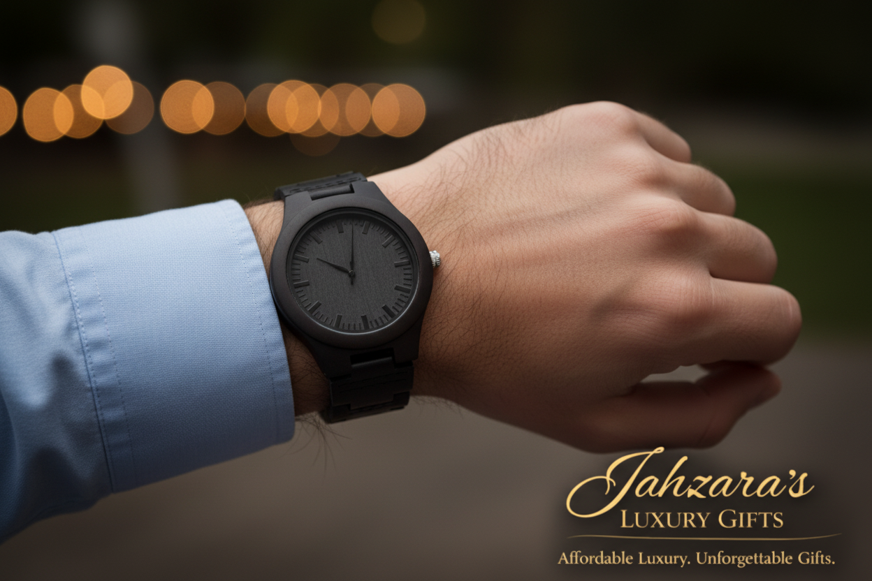 Husband wearing round face wooden watch with Jahzara's branding