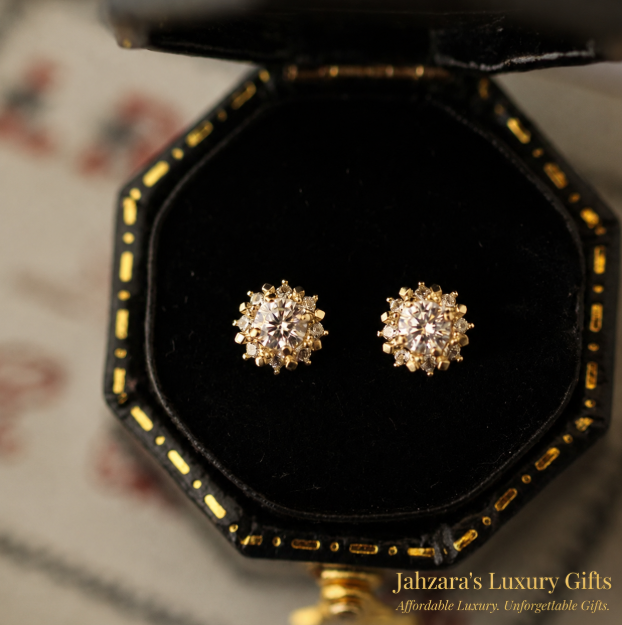 9K & 14K Gold Sunburst Zircon Stud Earrings | Retro Halo Cluster