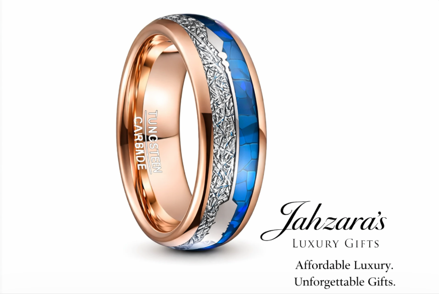 Men's 18K Rose Gold Tungsten Ring — Blue Shell & Meteorite Inlay | 8mm