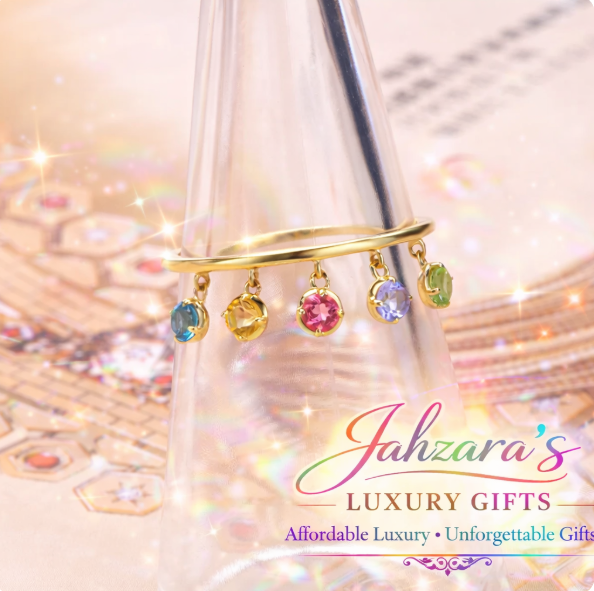 Rainbow Crystal Tassel Ring - Gold Plated Statement Ring with Colorful Gemstone Charms | Adjustable Open Band