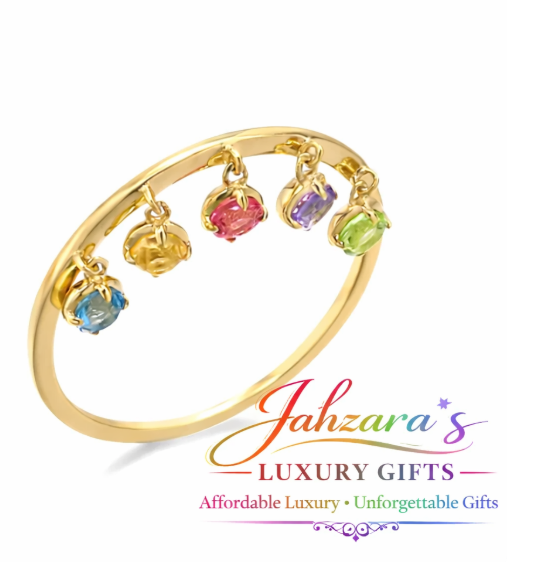 Rainbow Crystal Tassel Ring - Gold Plated Statement Ring with Colorful Gemstone Charms | Adjustable Open Band