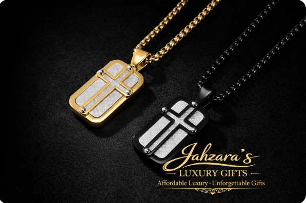 Men's Dog Tag Cross Pendant Necklace Set - Stainless Steel with Chain | Gold, Black & White, Black & Grey