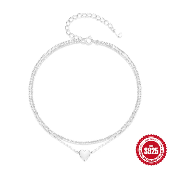 925 Sterling Silver Double Layer Heart Anklet | Dainty Layered Chain