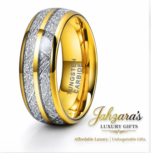 Gold Tungsten Carbide Ring with Meteorite Silver Inlay — 8mm | Unisex