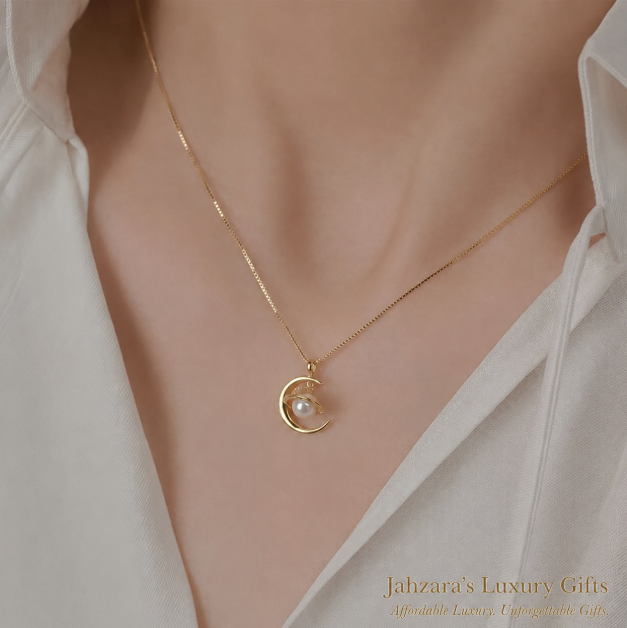 Celestial Moon & Pearl Necklace | 925 Sterling Silver | Luxury Gift