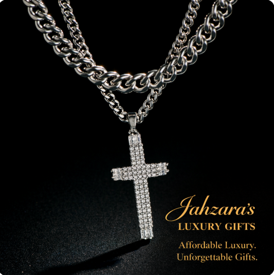 Iced Out Cross Double Layer Cuban Chain Necklace Set | Stainless Steel Men's Faith Jewelry