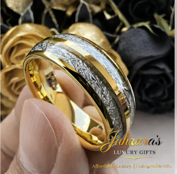 Gold Tungsten Carbide Ring with Meteorite Silver Inlay — 8mm | Unisex