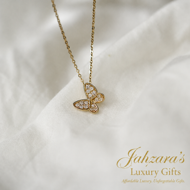 9K Gold Butterfly Pendant Necklace with Diamond Inlay