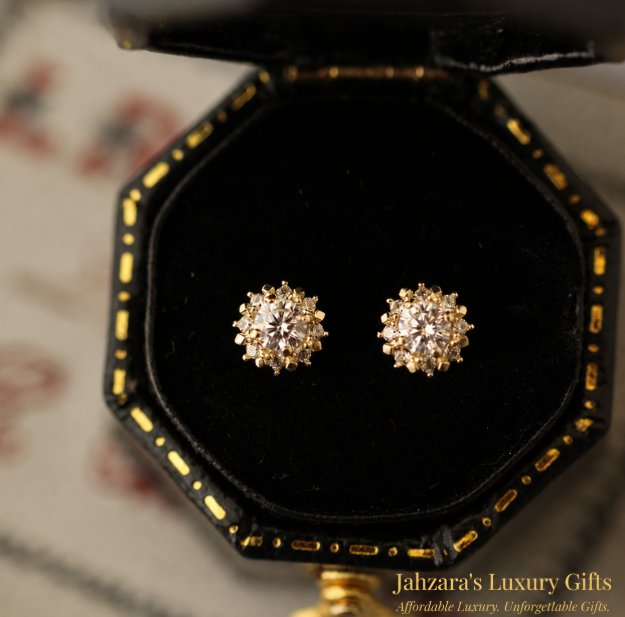 9K & 14K Gold Sunburst Zircon Stud Earrings | Retro Halo Cluster