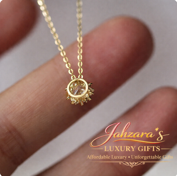Gold Sun Pendant Necklace - Zircon Crystal Sunburst Charm | Dainty Layering Necklace
