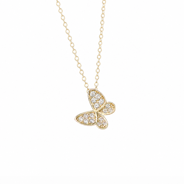 9K Gold Butterfly Pendant Necklace with Diamond Inlay