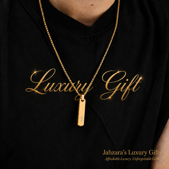 Geometric Cross Pendant Necklace — PVD Gold Stainless Steel Square Pearl Chain