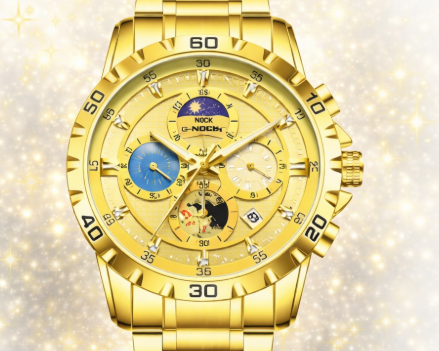 Gold Luminous Chronograph Watch | Moon Phase Dial Men's Luxury Watch