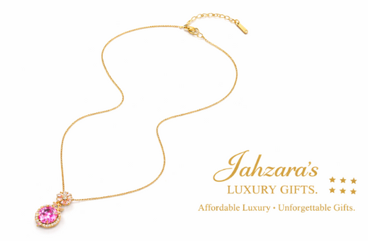 Pink Double Halo Pendant Necklace | 18K Gold Box Chain Zircon Women's Necklace