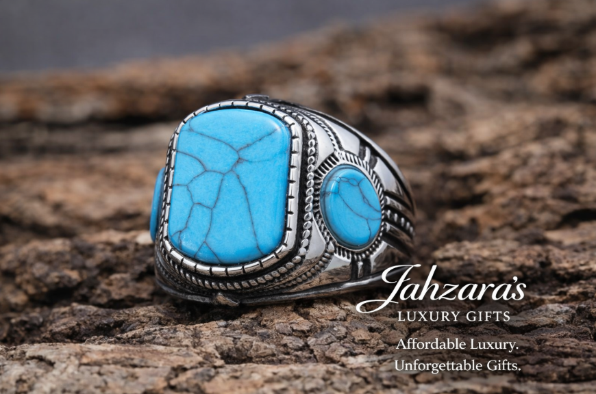 Men's Triple Turquoise Stone Ring — Stainless Steel | Vintage Gemstone Signet | Sizes 7–15