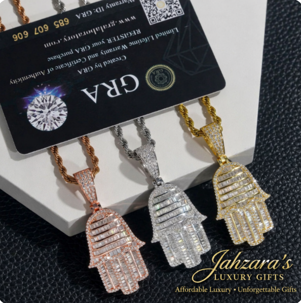GRA Certified Moissanite Iced Out Hamsa Hand Pendant Necklace | Gold, Rose Gold & White Gold