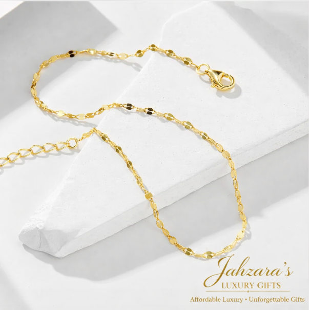 14K Gold Tile Chain Anklet | S925 Sterling Silver | Adjustable Luxury Anklet