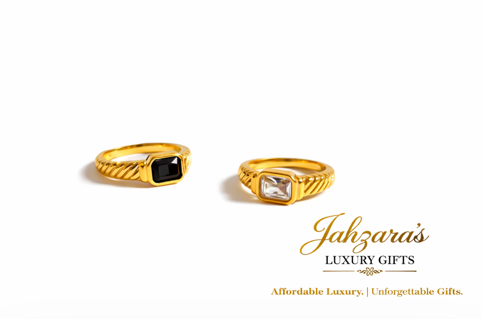 Rectangle Stone Ring — Gold | Clear Crystal & Black Onyx | Handcrafted | Women's