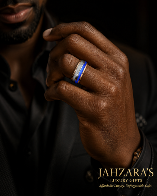 Men's 18K Rose Gold Tungsten Ring — Blue Shell & Meteorite Inlay | 8mm