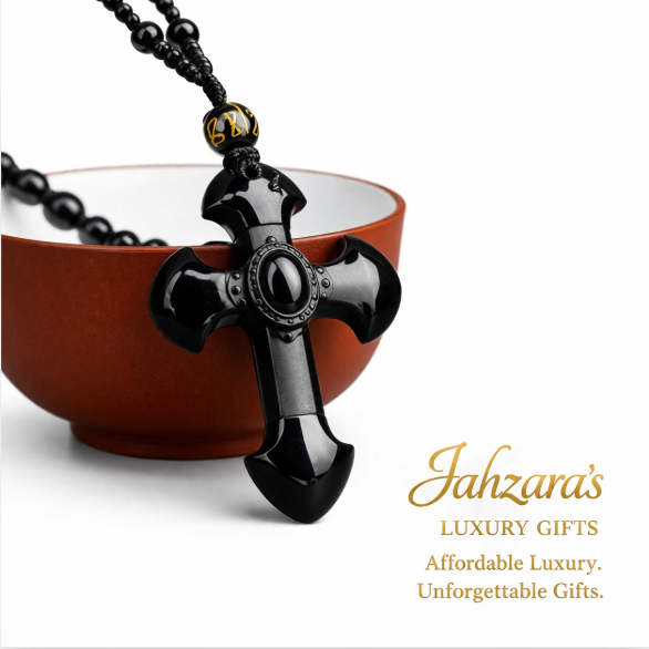 Natural Obsidian Cross Pendant Necklace | Black Bead Chain | Unisex Luxury Faith Jewelry