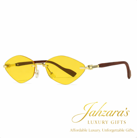 Rimless Diamond-Eye Luxury Sunglasses | Wood Temple | Gold Frame | Jahzara's Luxury Gifts