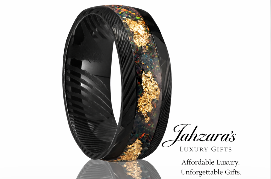 Men's Damascus Steel Black Tungsten Ring — Gold Foil & Opal Inlay | Unisex