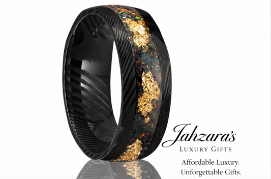 Men's Damascus Steel Black Tungsten Ring — Gold Foil & Opal Inlay | Unisex
