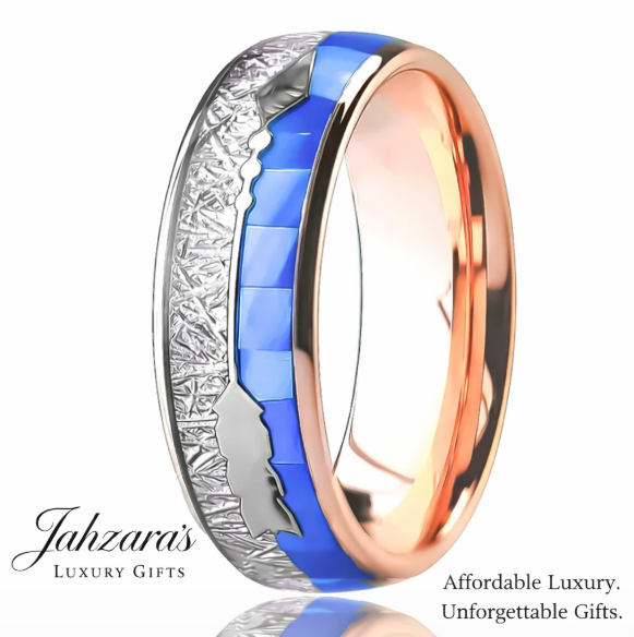 Men's 18K Rose Gold Tungsten Ring — Blue Shell & Meteorite Inlay | 8mm