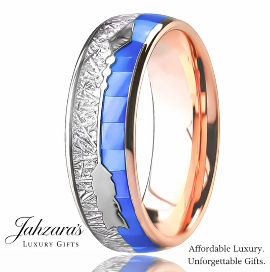Men's 18K Rose Gold Tungsten Ring — Blue Shell & Meteorite Inlay | 8mm