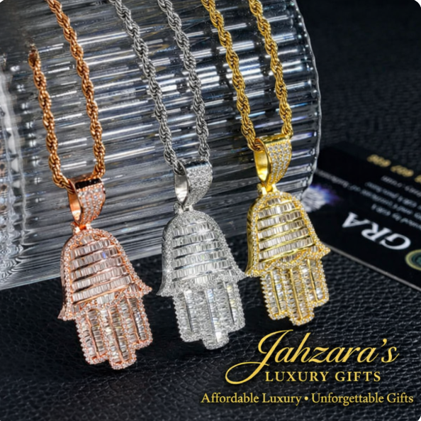 GRA Certified Moissanite Iced Out Hamsa Hand Pendant Necklace | Gold, Rose Gold & White Gold