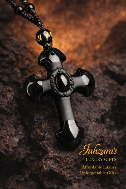 Natural Obsidian Cross Pendant Necklace | Black Bead Chain | Unisex Luxury Faith Jewelry