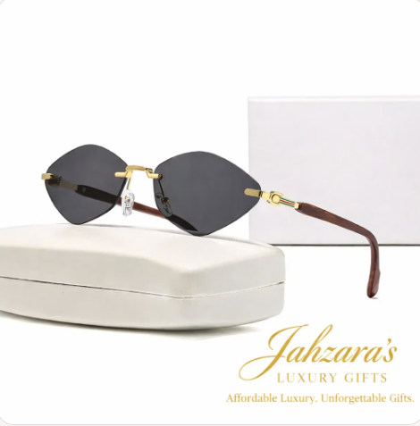 Rimless Diamond-Eye Luxury Sunglasses | Wood Temple | Gold Frame | Jahzara's Luxury Gifts