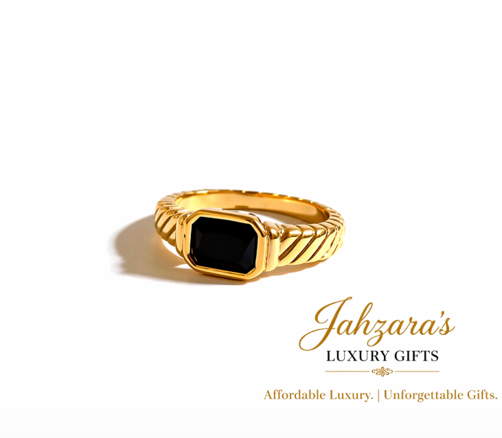 Rectangle Stone Ring — Gold | Clear Crystal & Black Onyx | Handcrafted | Women's