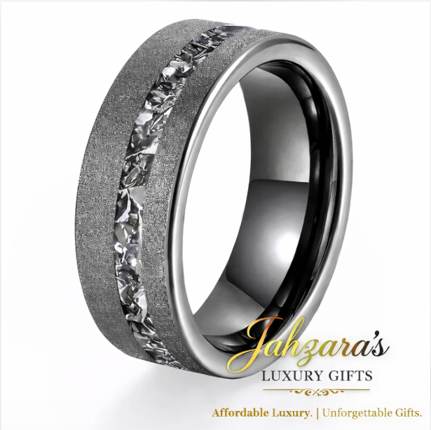 Sandblasted Tungsten Ring with Crushed Aluminum Ash Inlay — 8mm | Black & Silver