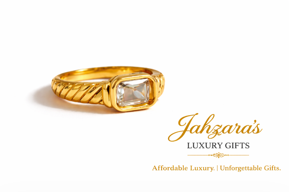 Rectangle Stone Ring — Gold | Clear Crystal & Black Onyx | Handcrafted | Women's